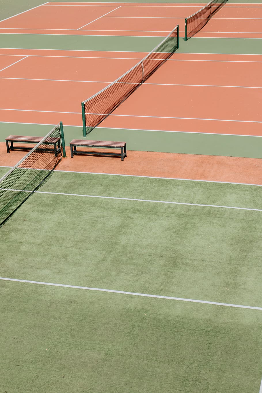 empty green and orange tennis fields, sport, court, day, no people