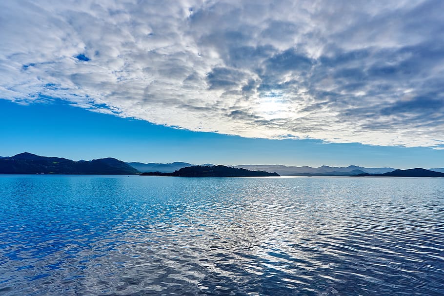 mountains, landscape, ocean, cloudscape, view, sky, sunset HD wallpaper
