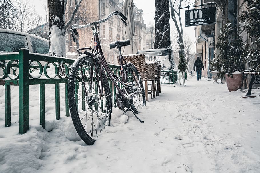 Bicycle on Snow Covered Street, architecture, building, buildings HD wallpaper