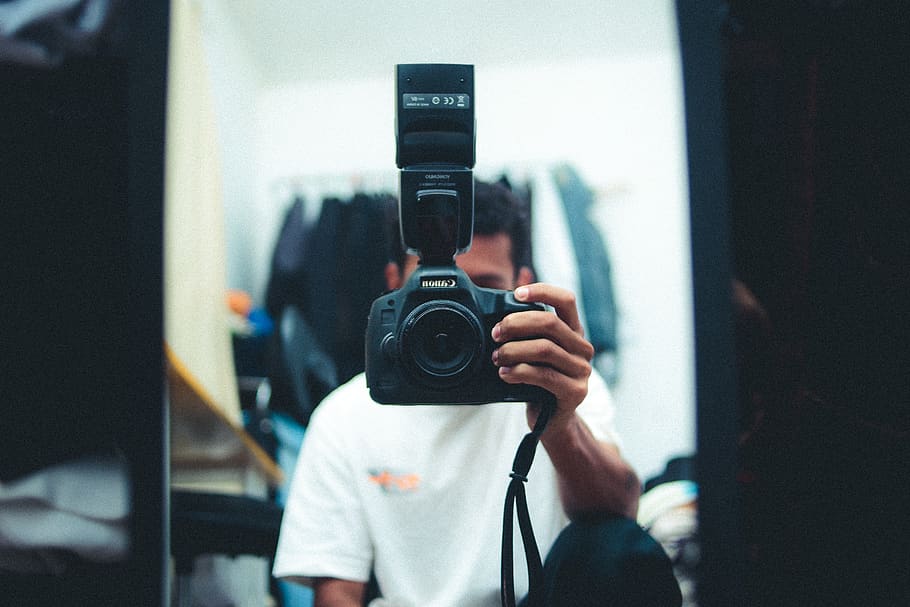 Man Holding Black Camera, camera lens, canon, person, taking photo HD wallpaper