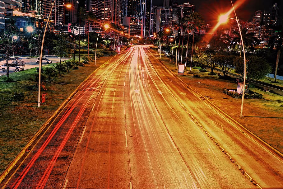 Concrete Road, city, downtown, light streaks, lights, long-exposure HD wallpaper