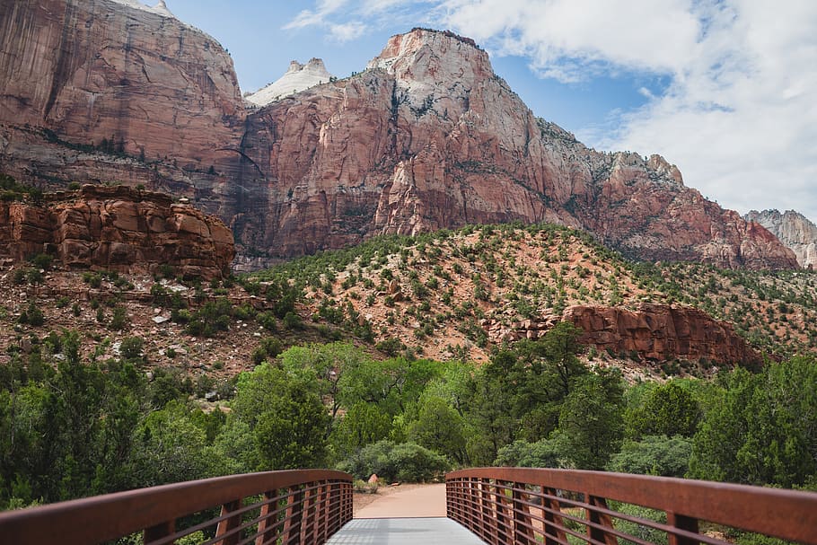 bridge through canyon, mountain, nature, outdoors, valley, deck HD wallpaper
