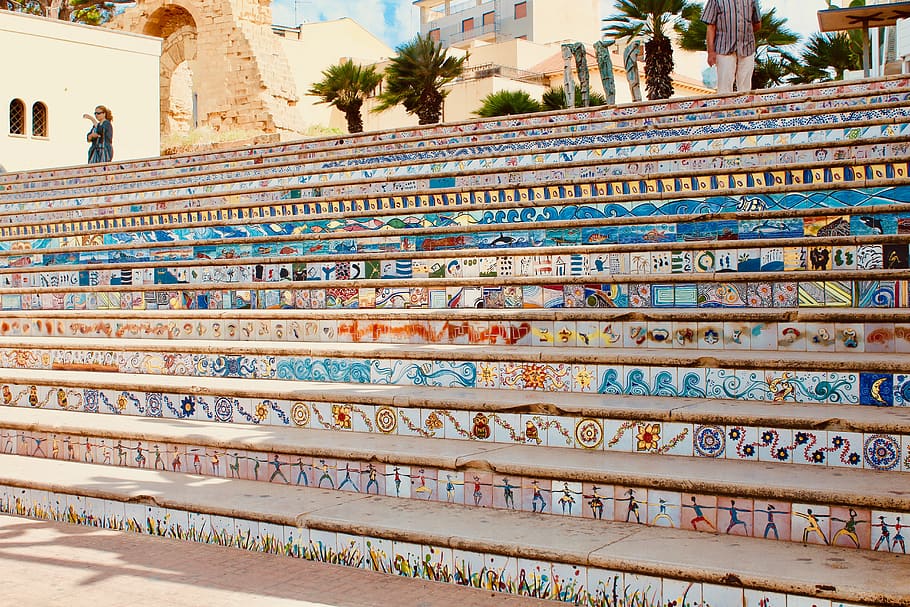 printed stairs, human, person, tree, plant, building, palm tree HD wallpaper