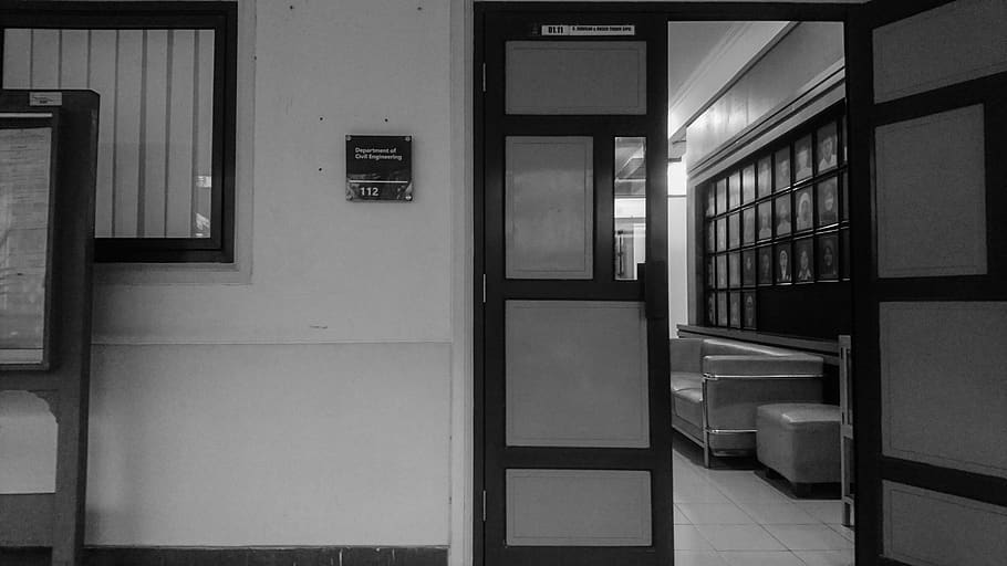 door, corridor, floor, shelf, black and white, room, furniture HD wallpaper