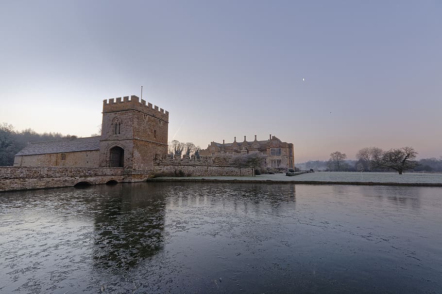 historic property, ice, moat, castle, lake, sunrise, history, HD wallpaper