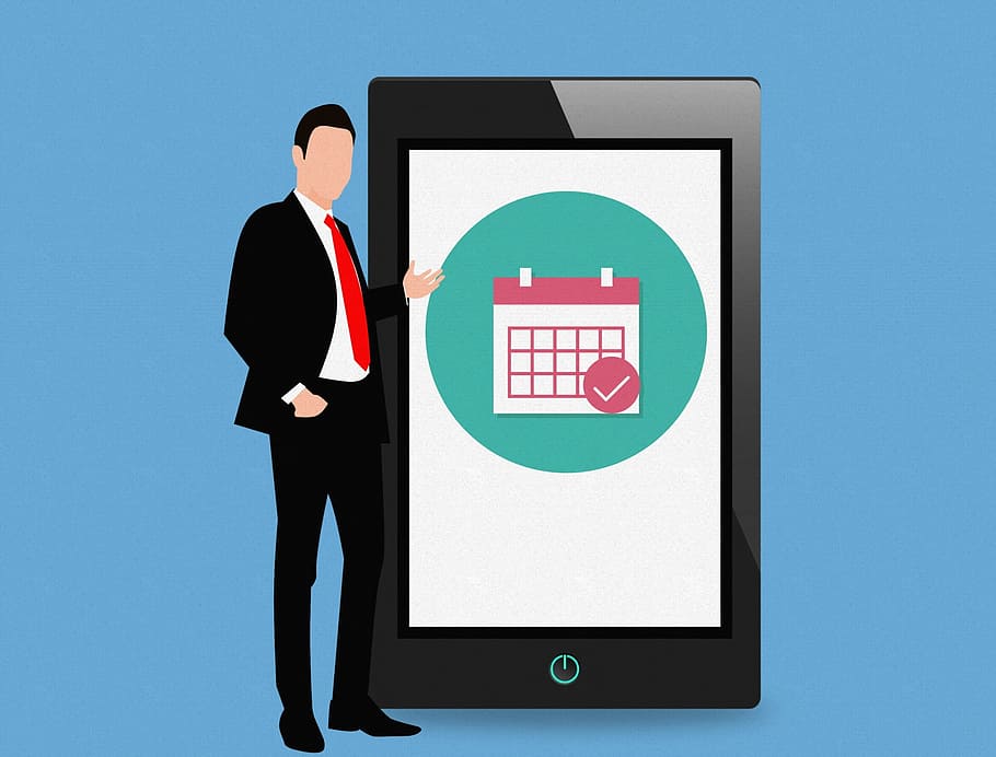 Calendar app on mobile tablet, with standing businessman illustration.