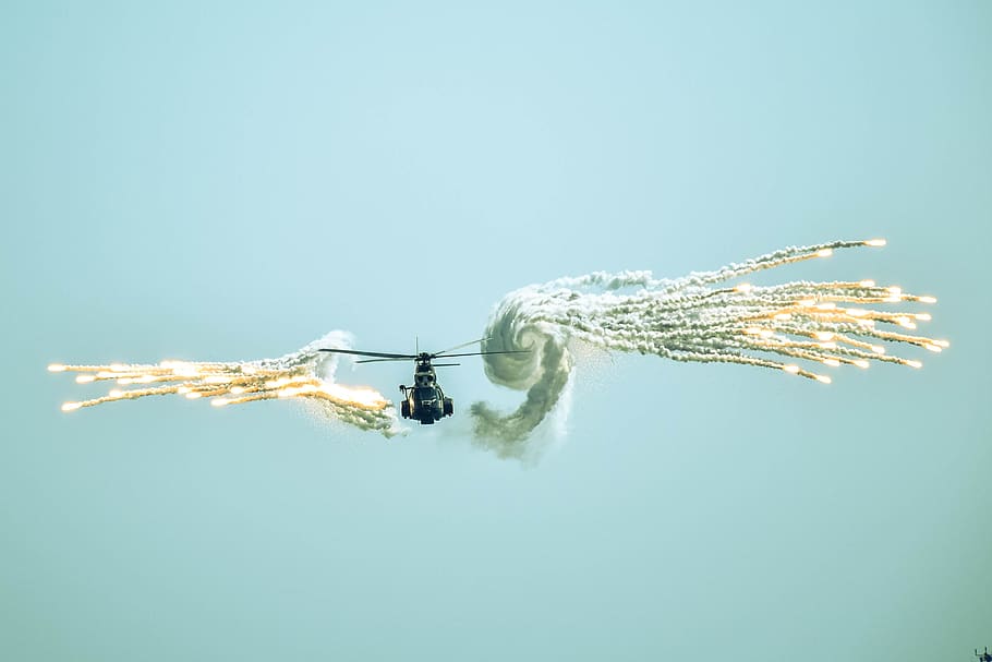 helicopter, blue sky, war, flight, pilotage, army, animal themes HD wallpaper