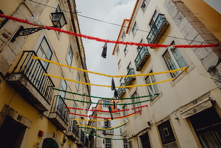 Streets decorated for the Saint Anthony Feast in Lisbon, Portugal, HD wallpaper