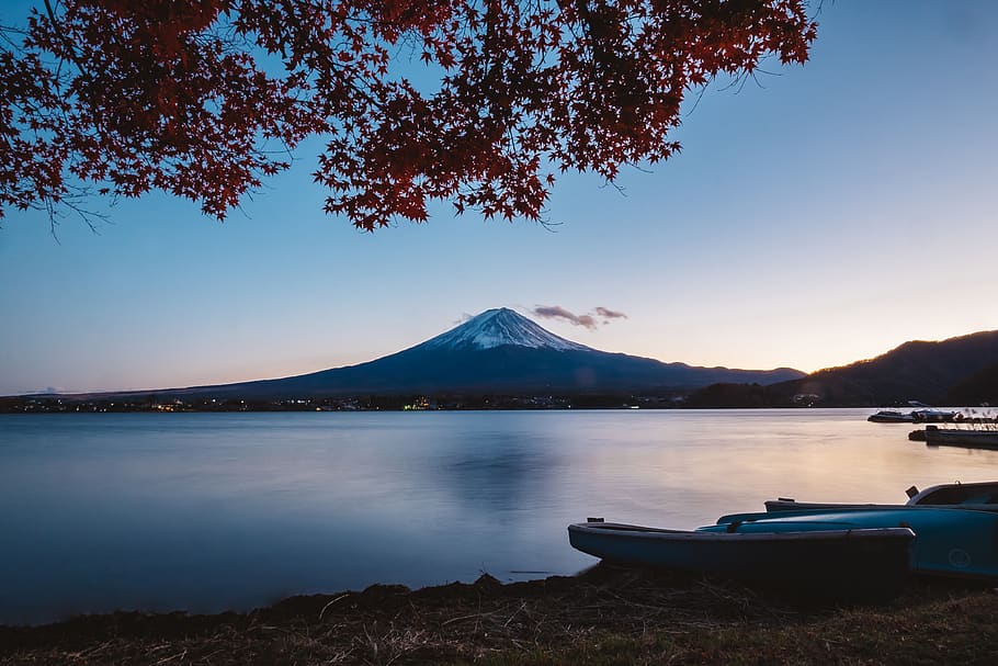 Mt. Fuji, Japan, blue sky, dawn, daylight, evening, lakeside HD wallpaper