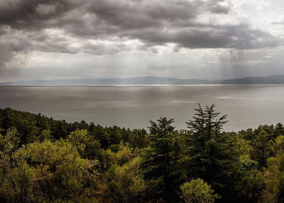 lake ohrid, trees, clouds, dramatic sky, ohrid lake, cloudscape HD wallpaper