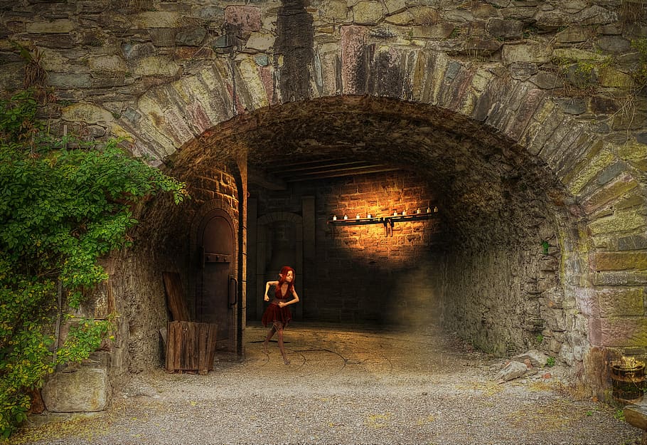 fantasy, cave, mysterious, light, woman, architecture, built structure HD wallpaper