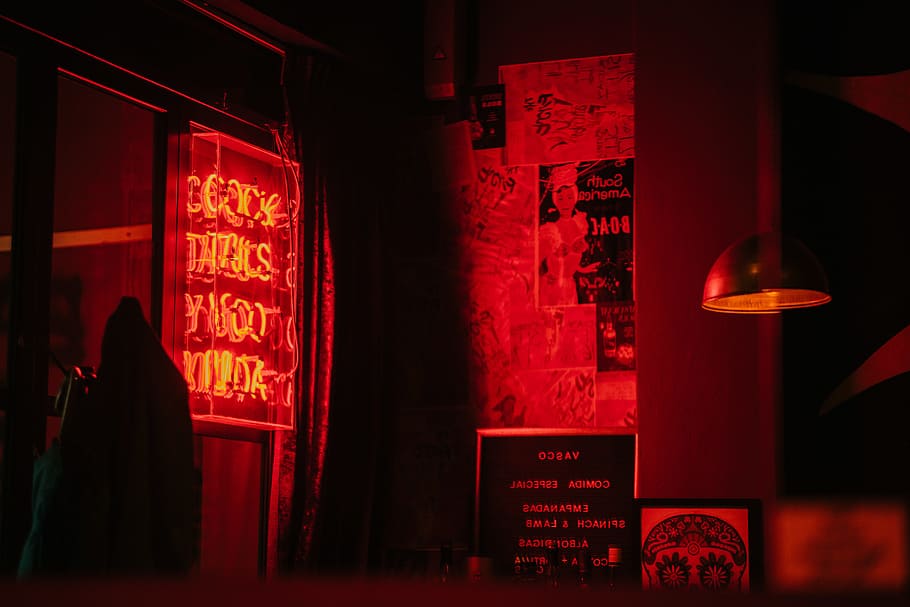 Black Frame Under Red Pendant Lamp, bar, dark, illuminated, indoors