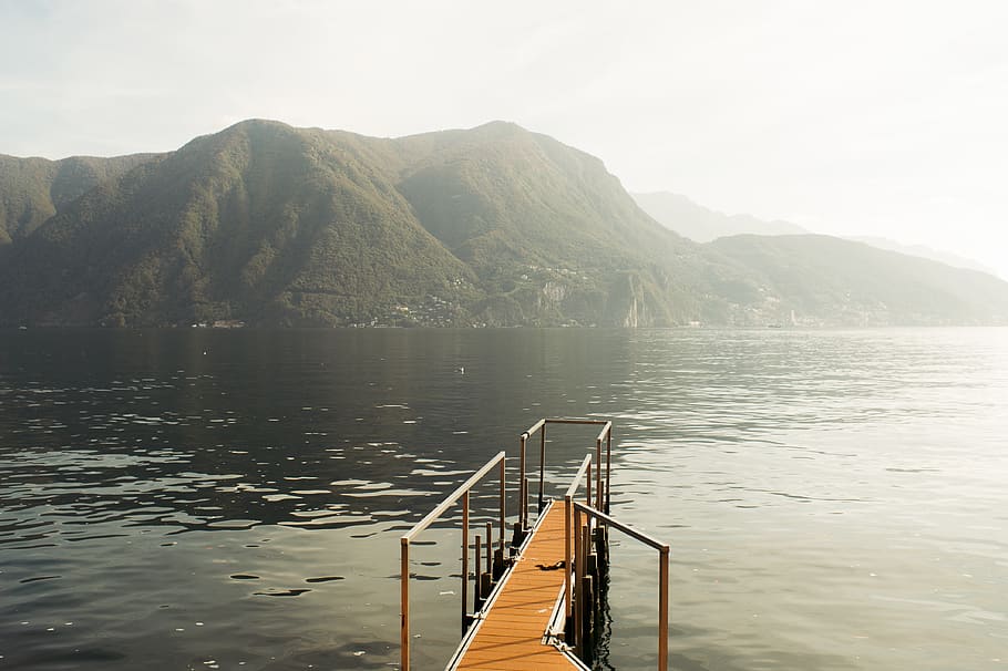 empty brown wooden dock, banister, handrail, water, railing, bridge HD wallpaper