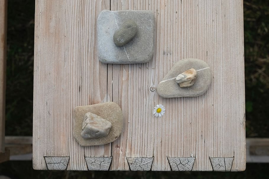 three gray stones on beige board panel, wood - material, food and drink HD wallpaper