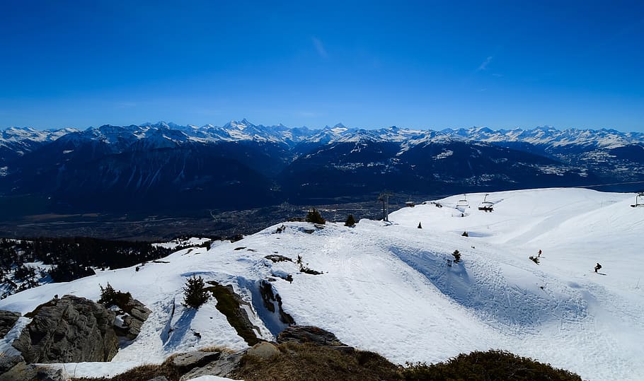 mountains, snow, ski, landscape, winter, rocks, valley, alps HD wallpaper