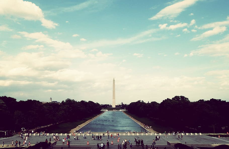 washington, tower, monument, water, sky, clouds, building, activity HD wallpaper