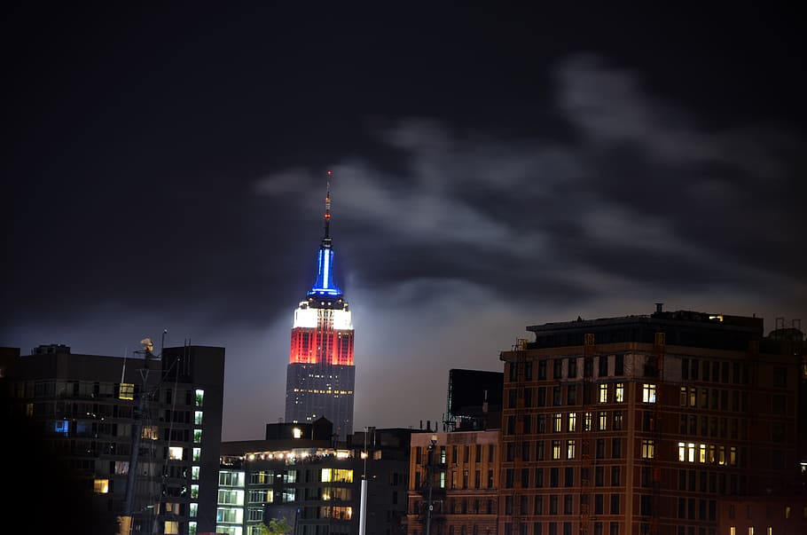 skyline, nyc, lights, night, empire state, red white blue, new york city HD wallpaper