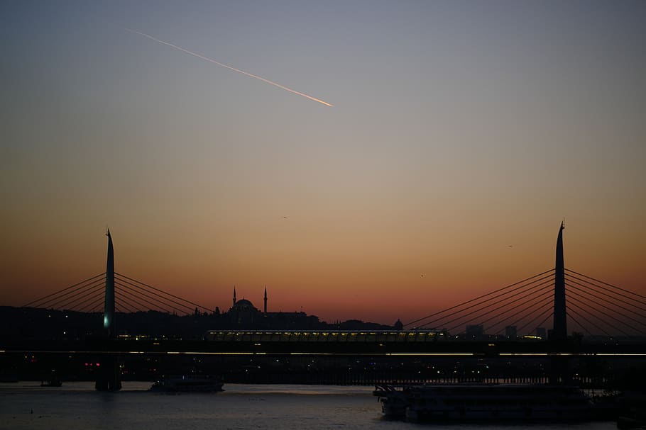 turkey, istanbul, sunset, landscape, bridge, cityscape, chemtrails