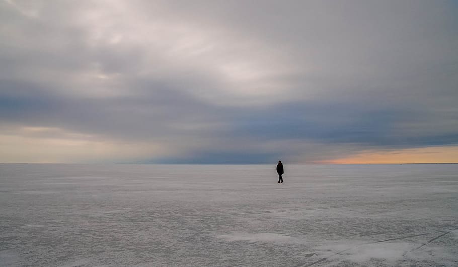 Silhouette of Person Walking on Vast Land, clouds, daylight, landscape HD wallpaper
