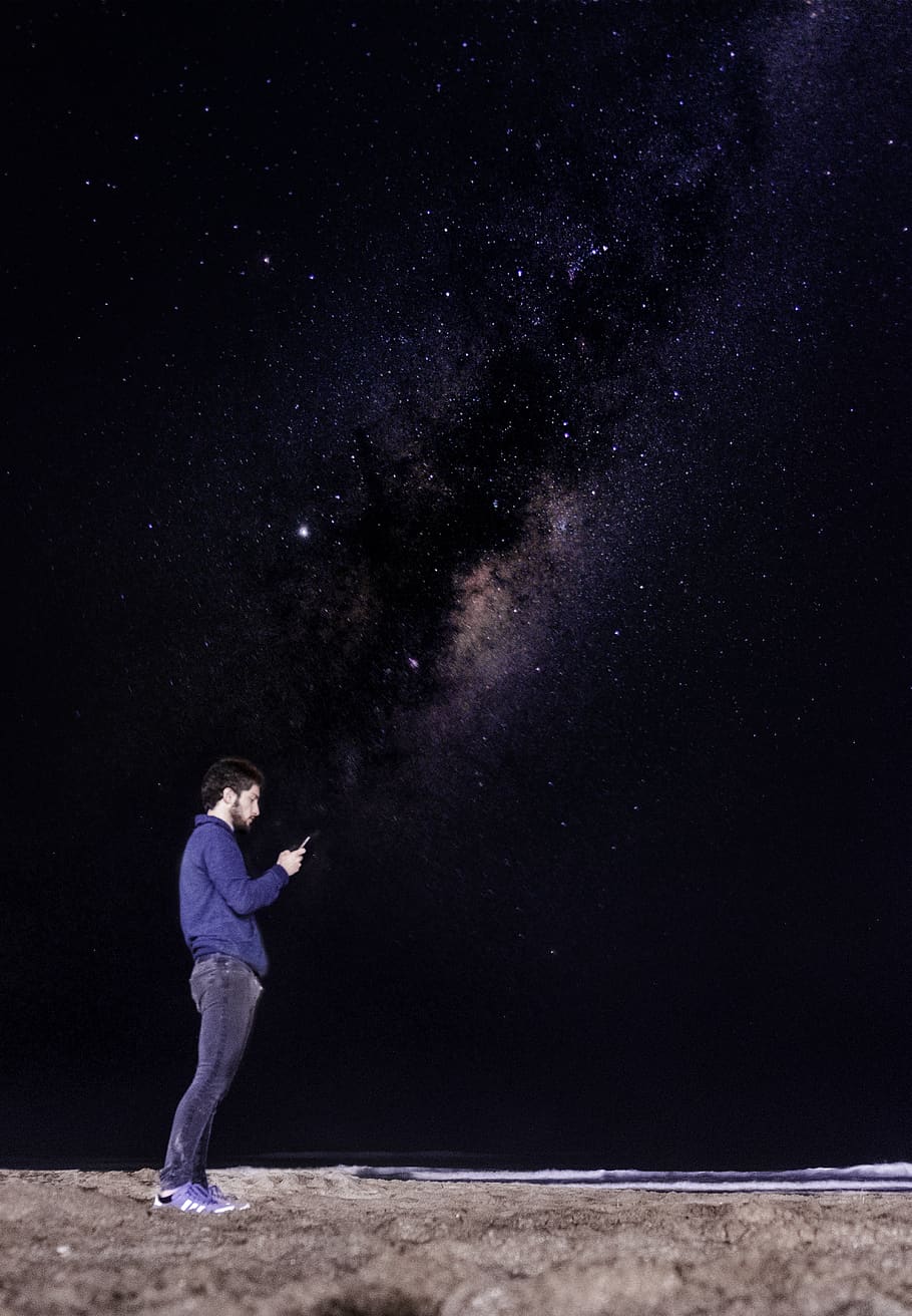 man wearing blue jacket, person, human, nature, outdoors, space HD wallpaper