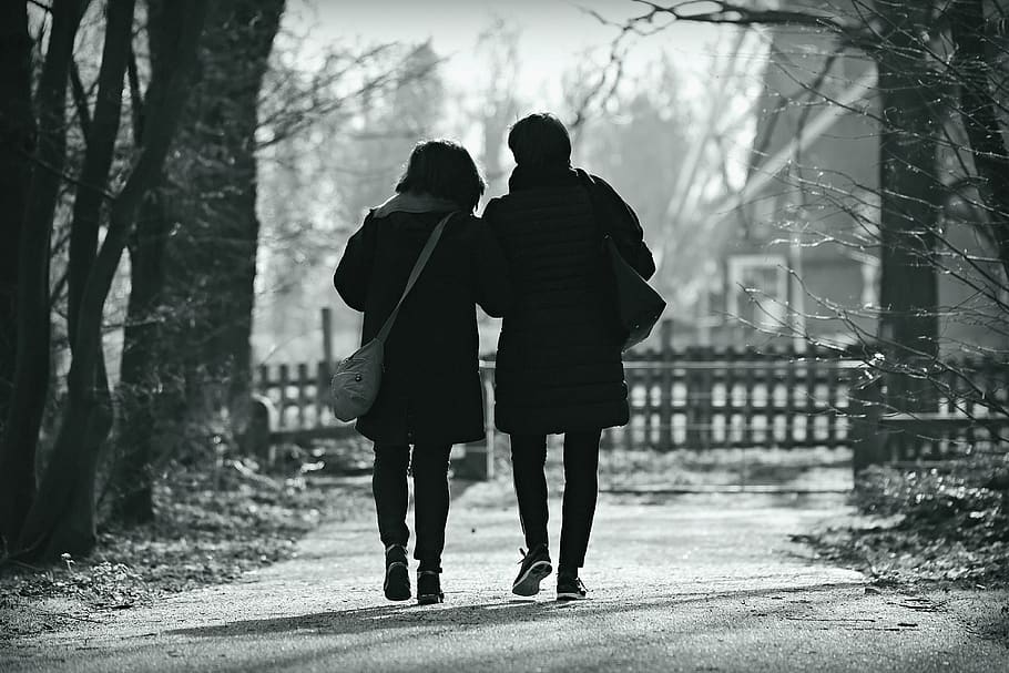people, walking, side by side, together, pair, two, friendship HD wallpaper