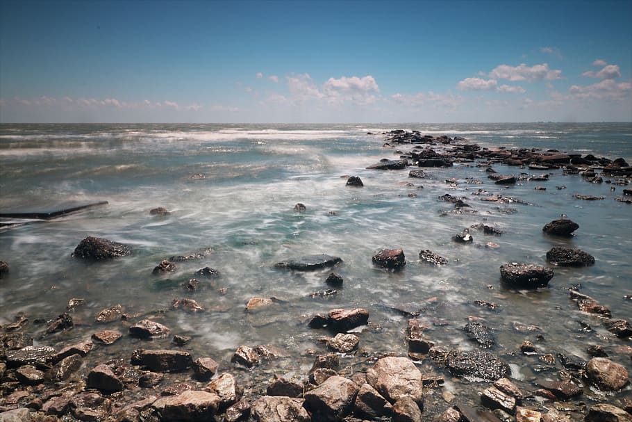 ocean, rocks, long, exposure, whispy, clouds, nature, landscape HD wallpaper