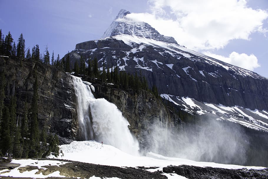 canada, mount robson, snow, waterfall, mountain, person, power HD wallpaper