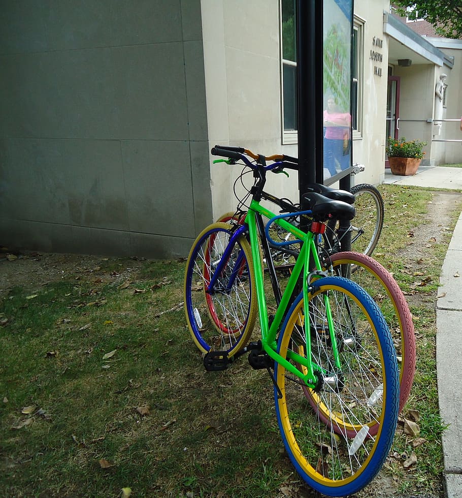 green, pink, bike, bicycle, grass, mode of transportation, land vehicle HD wallpaper