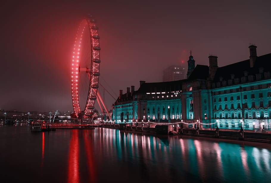 red Ferris wheel, night, illuminated, architecture, built structure HD wallpaper