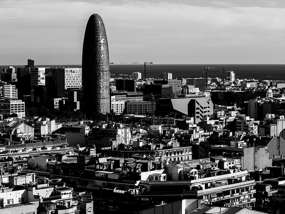 postcard, old, retro, panorama, barcelona, blackandwhite, city HD wallpaper