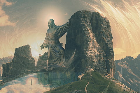 composing, jesus, cross, holy, clinic, panorama, mountain, rock HD wallpaper
