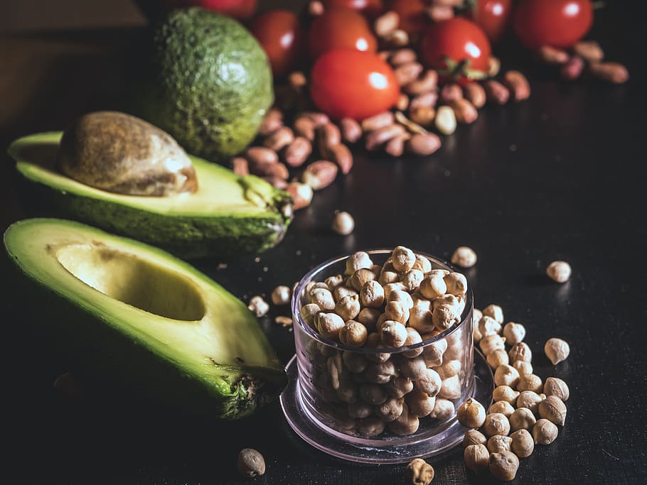 Avocado, Peanuts, and Toamtoes, black background, chickpea, delicious HD wallpaper