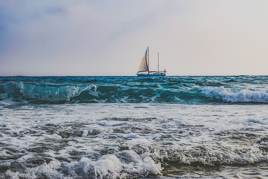 waves, boat, water, sky, nature, sea, seascape, horizon, nautical vessel HD wallpaper