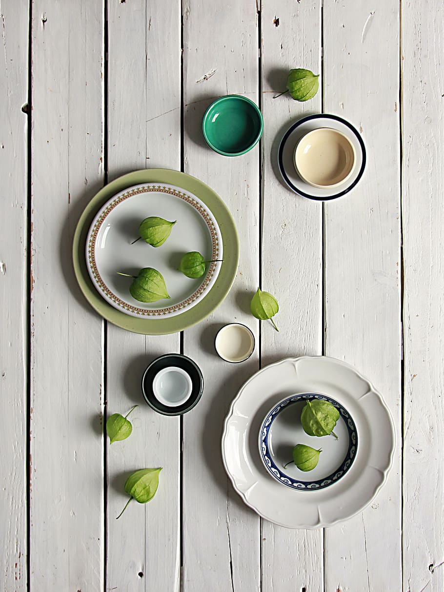 green physalis on dinnerware set, food and drink, wood - material HD wallpaper