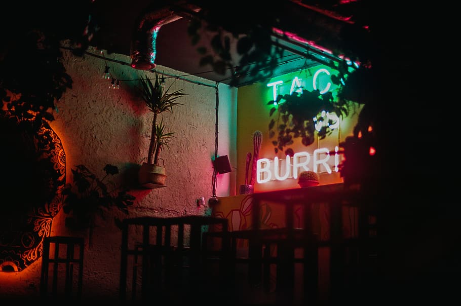 Taco Burrito LED signage turned on, light, lighting, neon, display