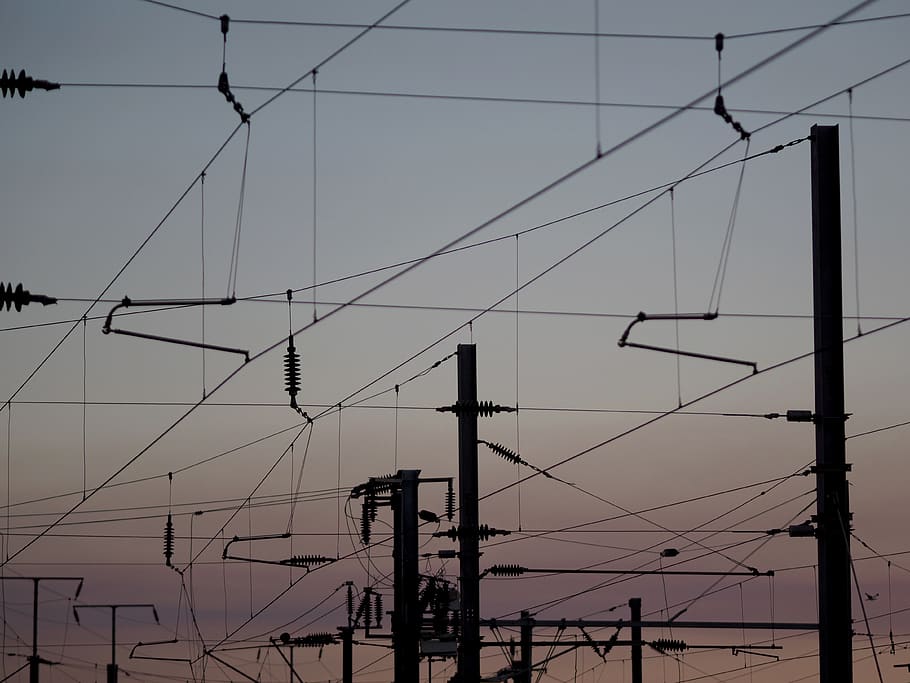 cable posts under gray sky, electricity, connection, technology HD wallpaper