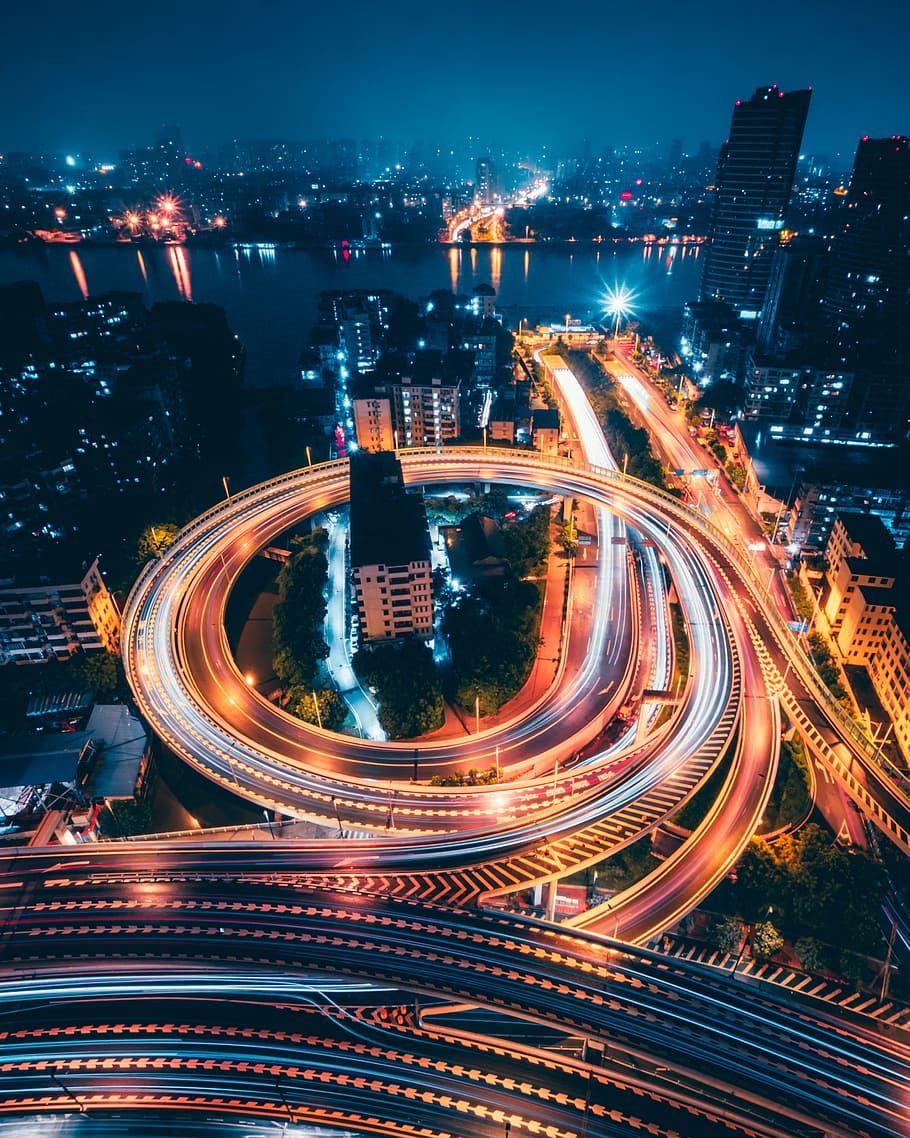 time-lapse aerial photography of city during night, light trail HD wallpaper