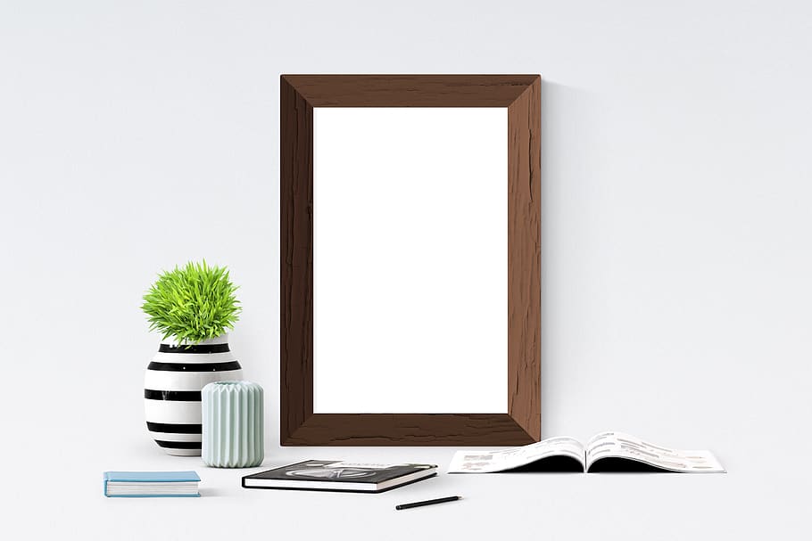 poster, frame, books, pencil, plant, vase, indoors, technology HD wallpaper