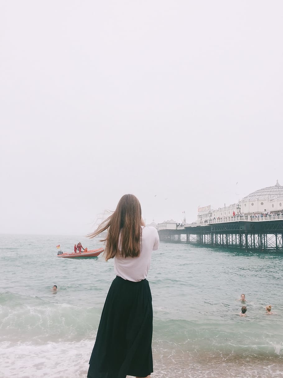 woman, model, beach, cloudy, swim, pier, black, skirt, white HD wallpaper
