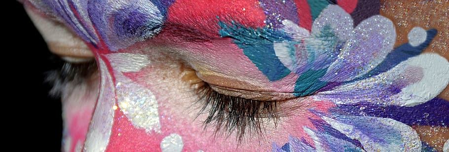 make up, rouged face, close up, eye, pink, violet, white, glitter HD wallpaper