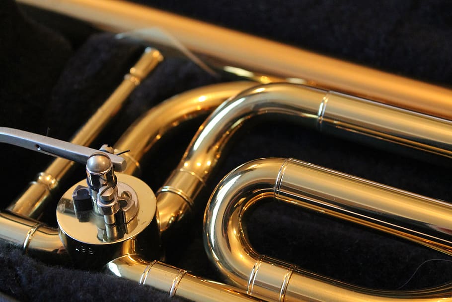 gray instrument, horn, musical instrument, brass section, london, HD wallpaper