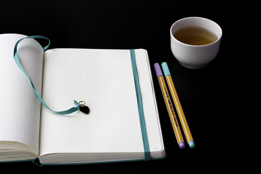 notebook, pen, paper, write, page, diary, tea, planner, publication HD wallpaper