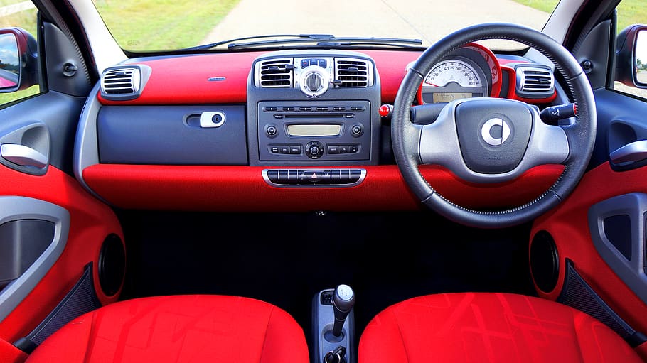 Red Car Dashboard, airbag, audio, automobile, comfortable, controls, HD wallpaper