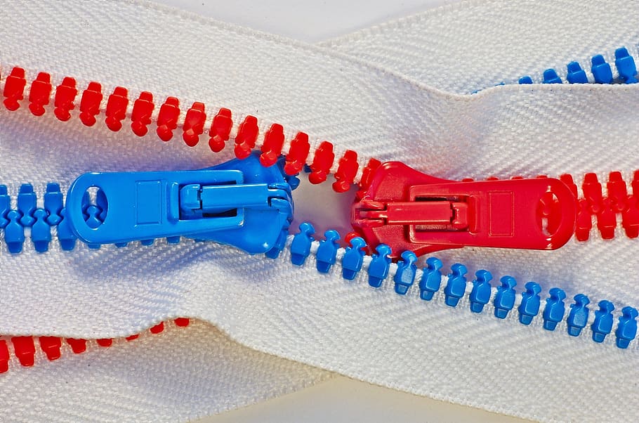 two red and blue zippers, close-up, connection, technology, multi colored HD wallpaper