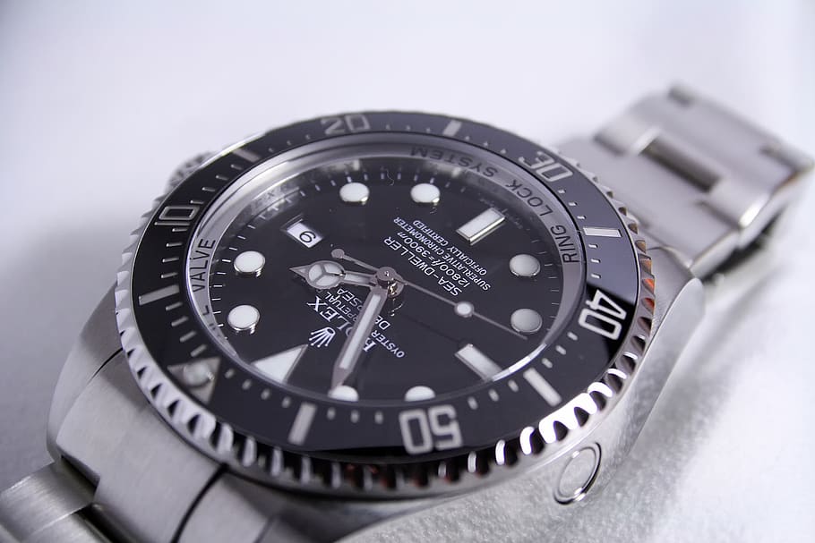 silver-colored Rolex analog watch reading at 1:55, wristwatch HD wallpaper