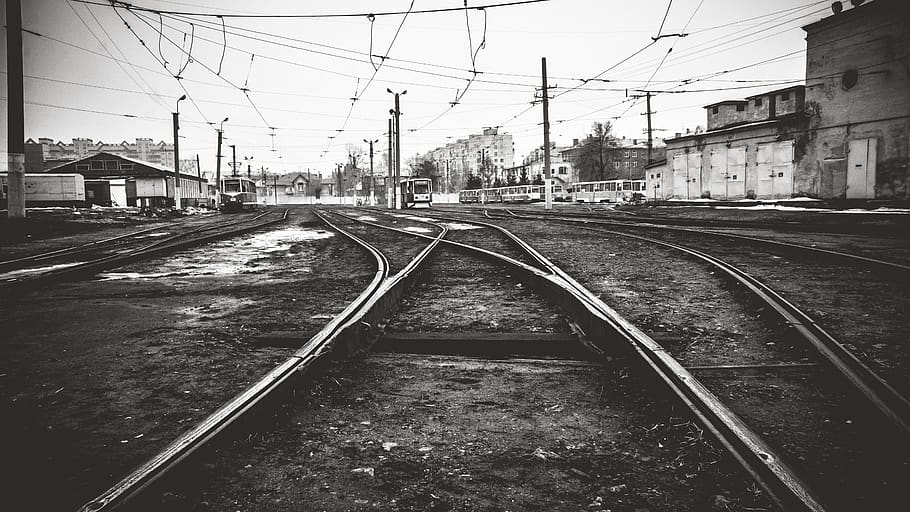 Grayscale Photography of Railway, black and-white, city, electric train, HD wallpaper