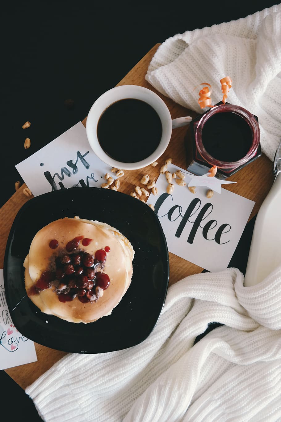 Fruit covered pancakes with coffee., background, table, chocolate HD wallpaper