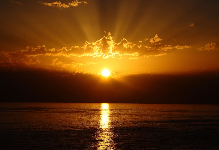 sunset, red, sea, clouds, water, sky, scenics - nature, beauty in nature HD wallpaper