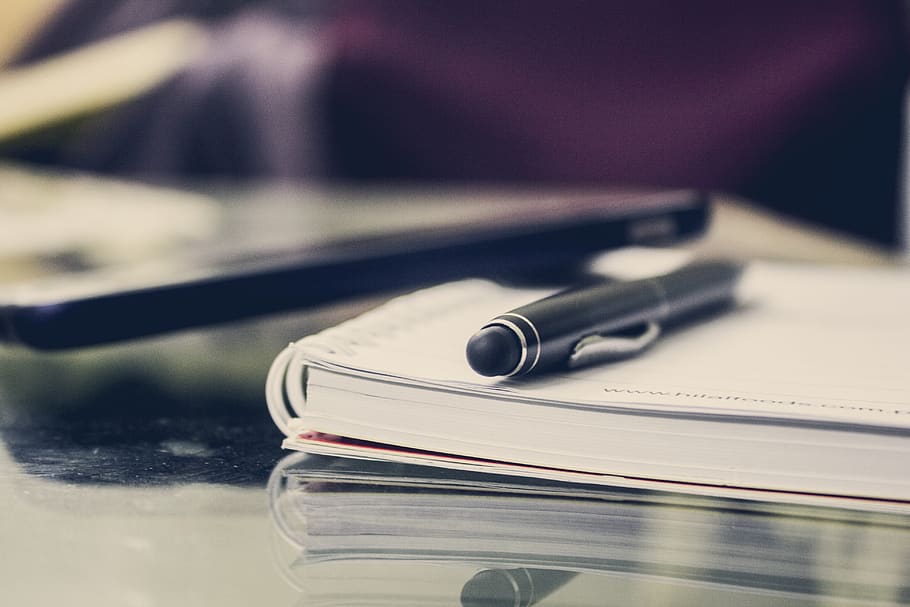 Black Twist Pen on Notebook, book bindings, composition, desk HD wallpaper