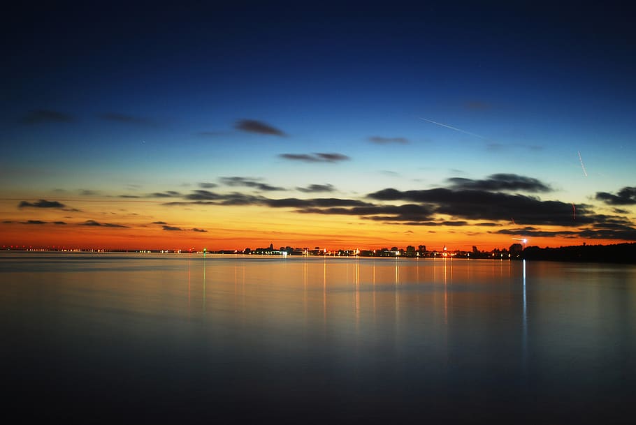 twilight, the coast, reflection, water, landscape, in the evening HD wallpaper